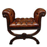 Carved Italian Leather Tufted Bench C. 1900's
