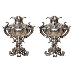 A Pair of English George II Style Silvered Bronze Urns