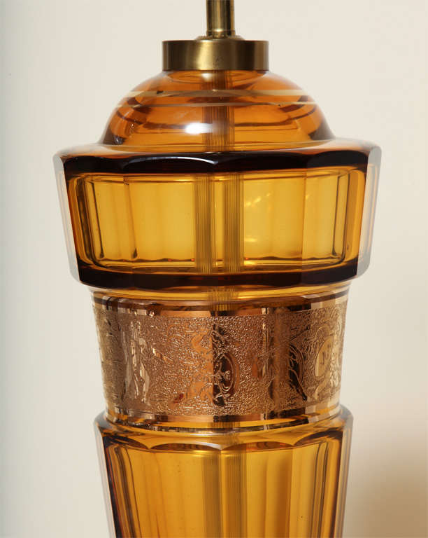 A Pair of Art Deco Amber Bohemian Glass Lamps 1