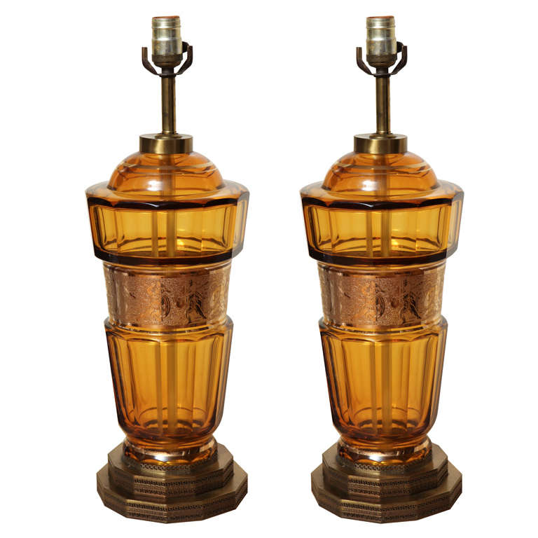 A Pair of Art Deco Amber Bohemian Glass Lamps