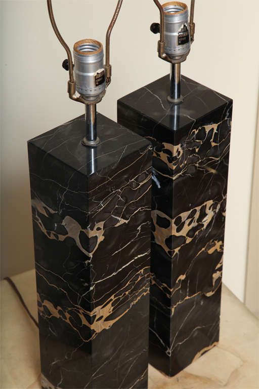 American A Pair of Robert Sonneman Square Black Marble Table Lamps