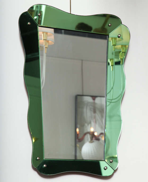 BEAUTIFUL MIRROR WITH A GREEN MIRRORED FRAME MADE IN ITALY 1940'S BY CHRYSTAL ARTE.