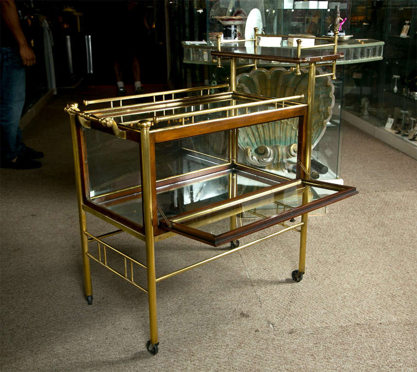 Mid-20th Century French Brass & Mahogany Serving Tea Cart