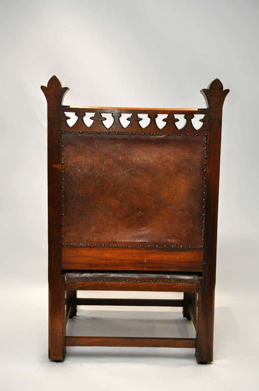 Leather Gothic Oak Chair, Harding and Sons, Plymouth England, 1870 For Sale