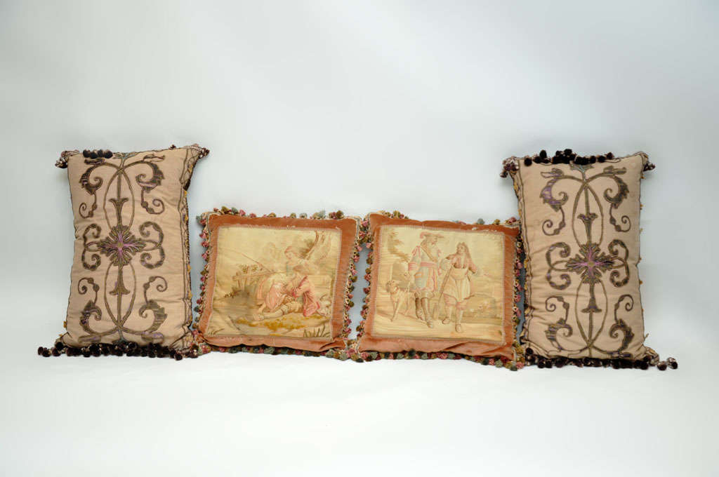 Pair of Italian Baroque rectangular silk pillows with embroidery and tassels. Pair of French Aubusson tapestry pillows with tassels. 
