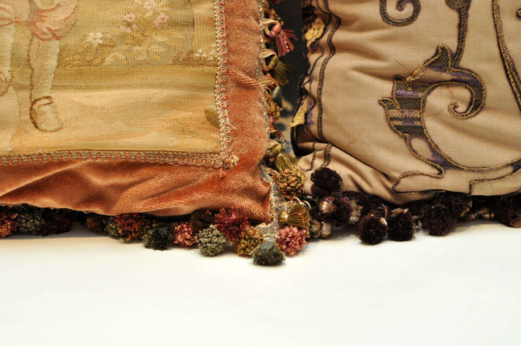 Pair of Italian Silk Pillows and French Aubusson Pillows, 1880 For Sale 1