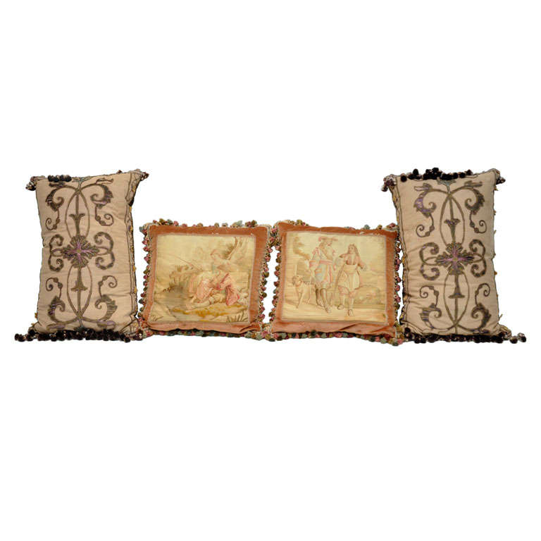Pair of Italian Silk Pillows and French Aubusson Pillows, 1880 For Sale