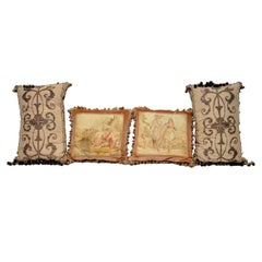 Pair of Italian Silk Pillows and French Aubusson Pillows, 1880