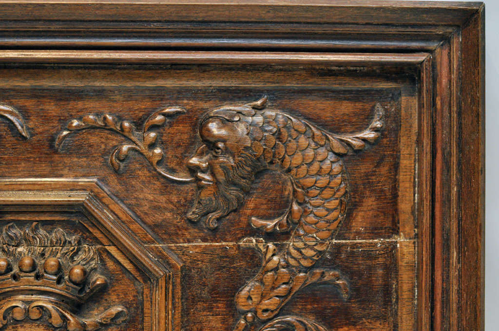 Louis XVI Unique Hand Carved Walnut Plaque with Crest and Dragon Design, France, 1880 For Sale