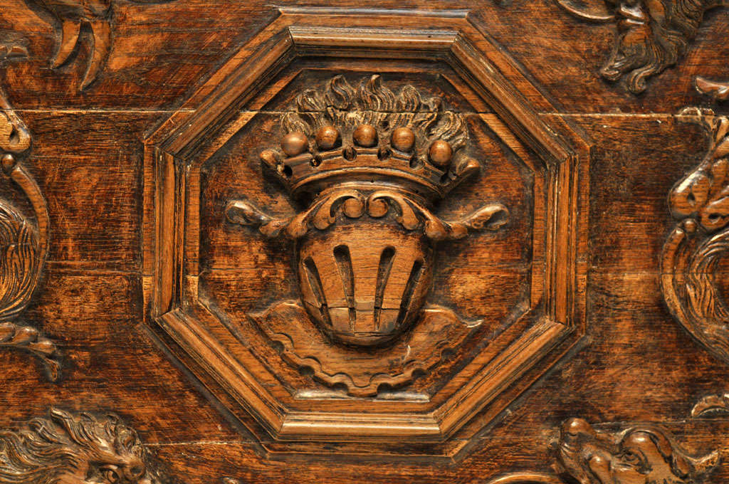 French Unique Hand Carved Walnut Plaque with Crest and Dragon Design, France, 1880 For Sale