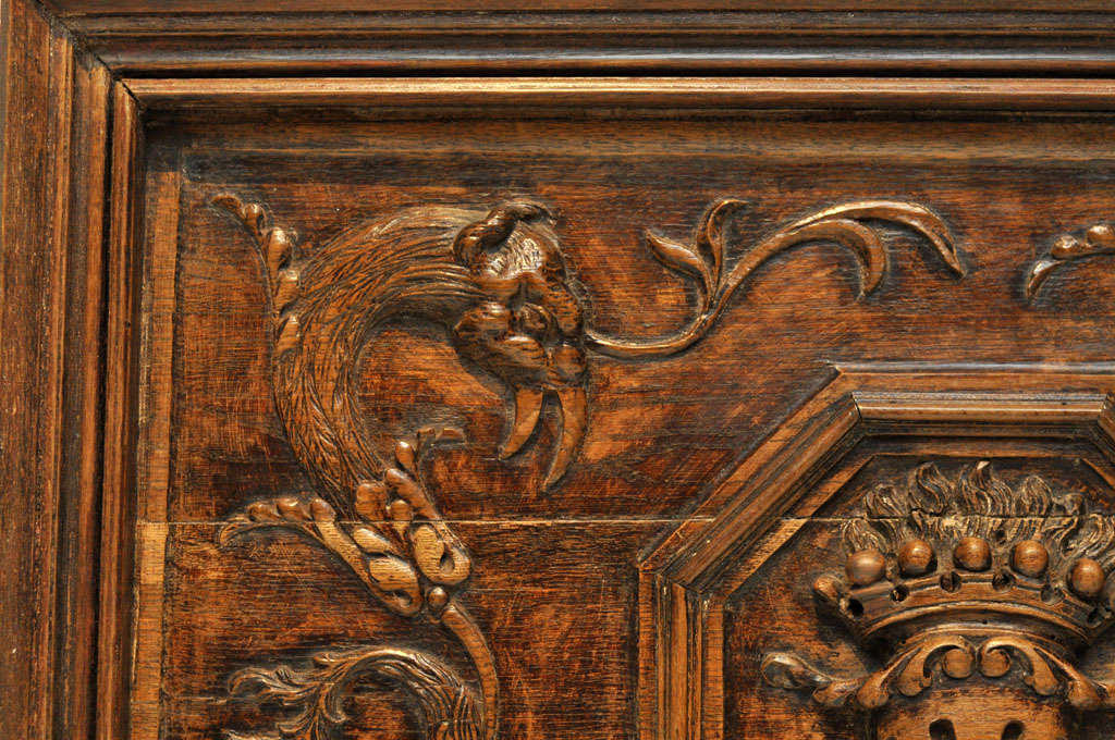19th Century Unique Hand Carved Walnut Plaque with Crest and Dragon Design, France, 1880 For Sale