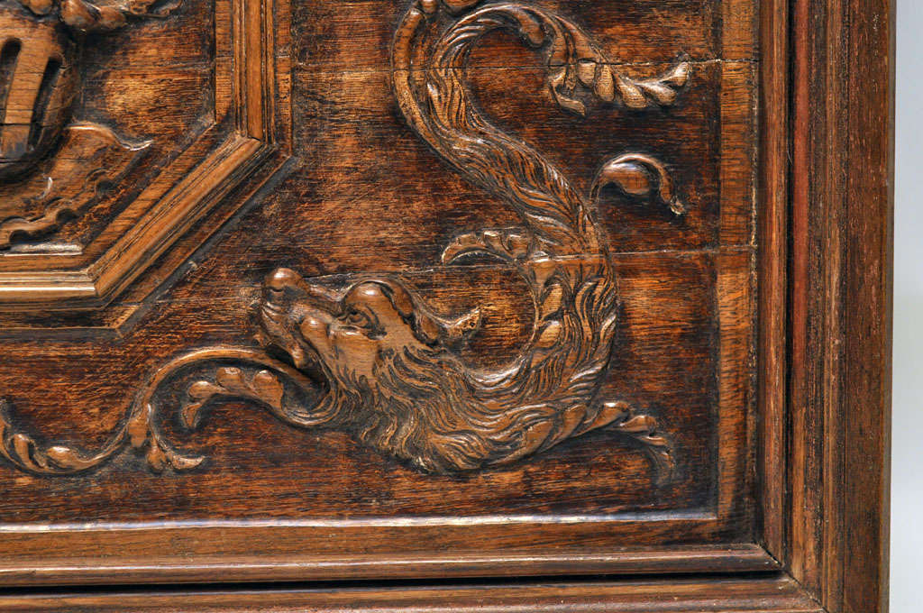 Unique Hand Carved Walnut Plaque with Crest and Dragon Design, France, 1880 For Sale 1