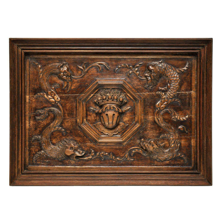 Unique Hand Carved Walnut Plaque with Crest and Dragon Design, France, 1880 For Sale