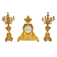 French Louis XVI style Gilt Bronze Three Piece Clock Garniture Set