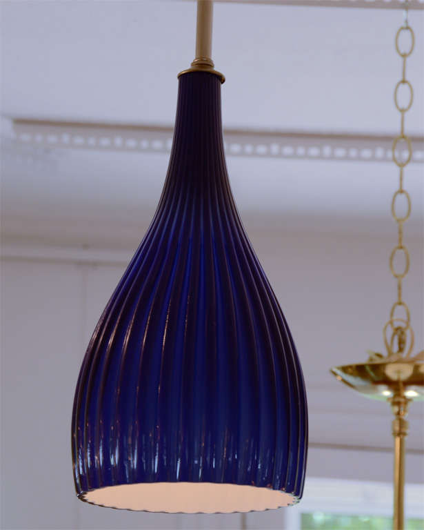 Italian Cobalt Blue Ribbed Murano Pendant with Nickel Hardware For Sale
