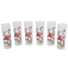 Fabulous Vinatge Frosted Painted Flamingos Glass