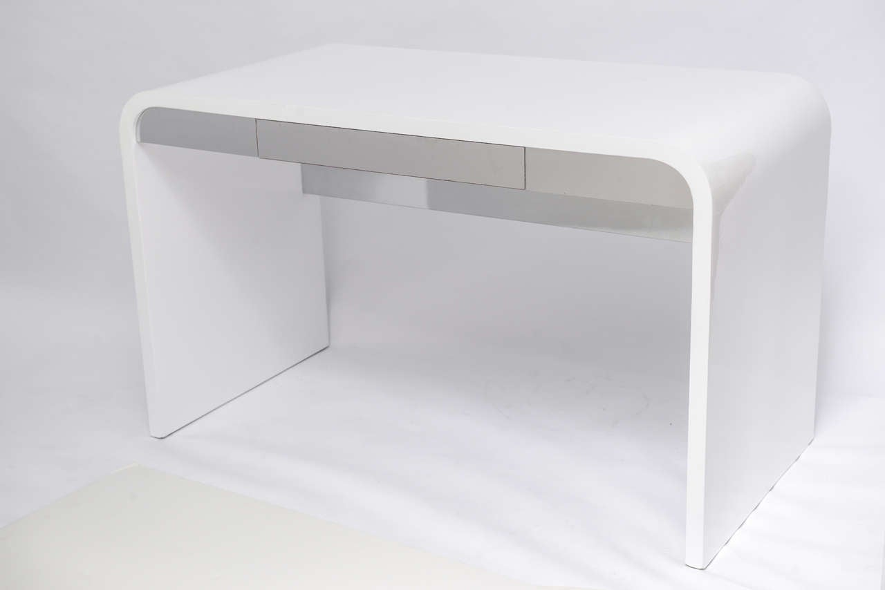 American 1970's Waterfall Desk White Laquered and Chrome Laminate
