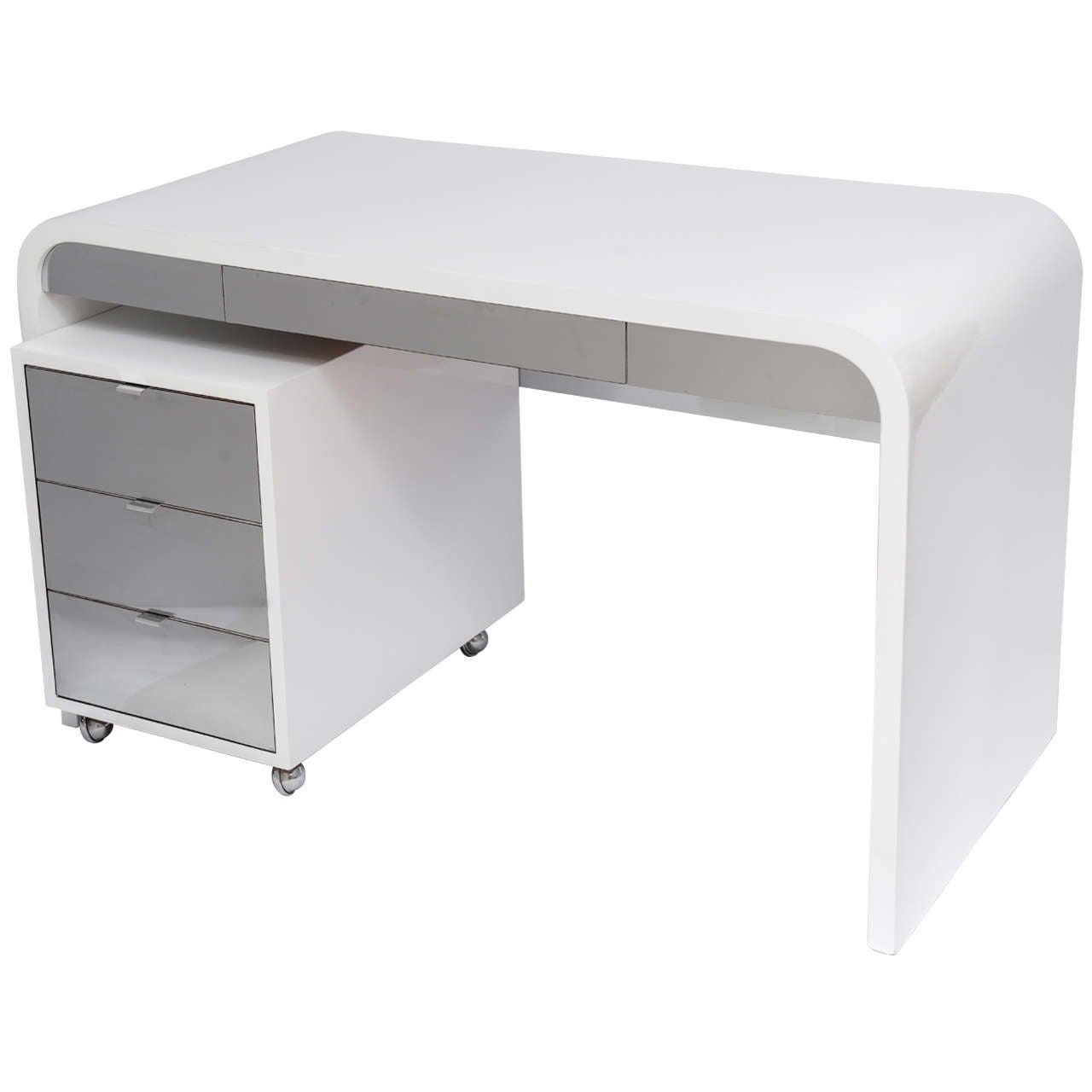 1970's Waterfall Desk White Laquered and Chrome Laminate