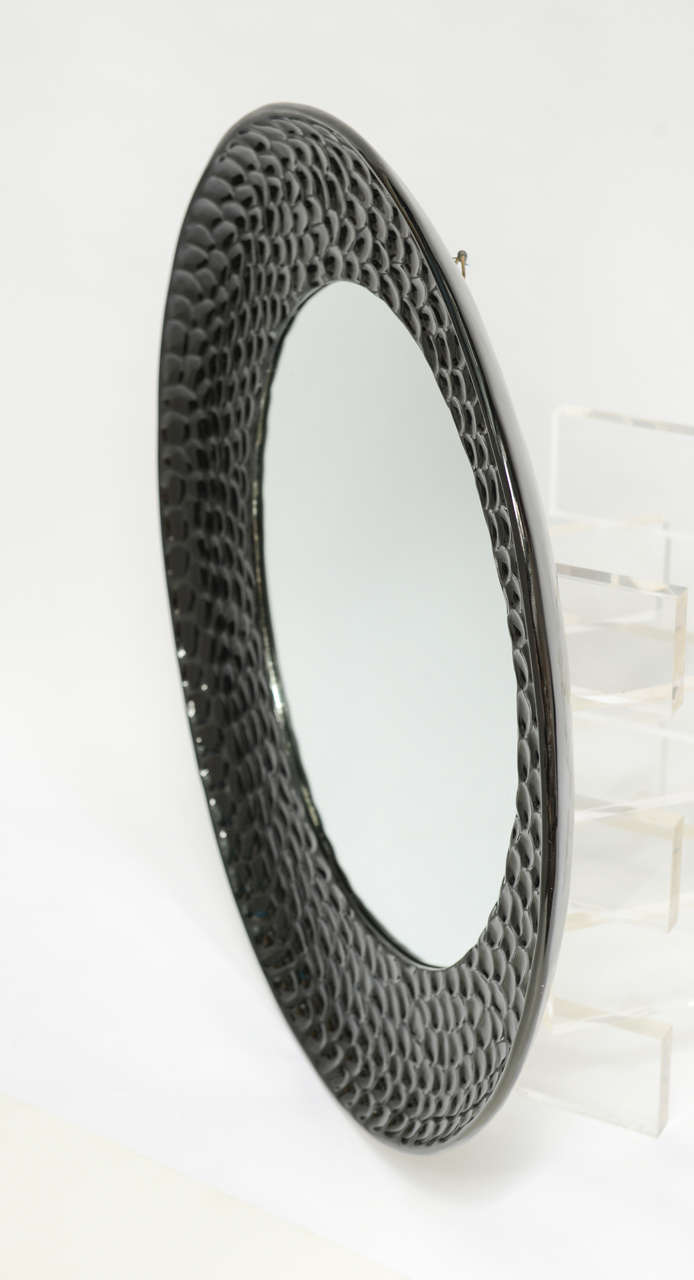 Resin Round High Gloss Black Lacquered Mirror For Sale