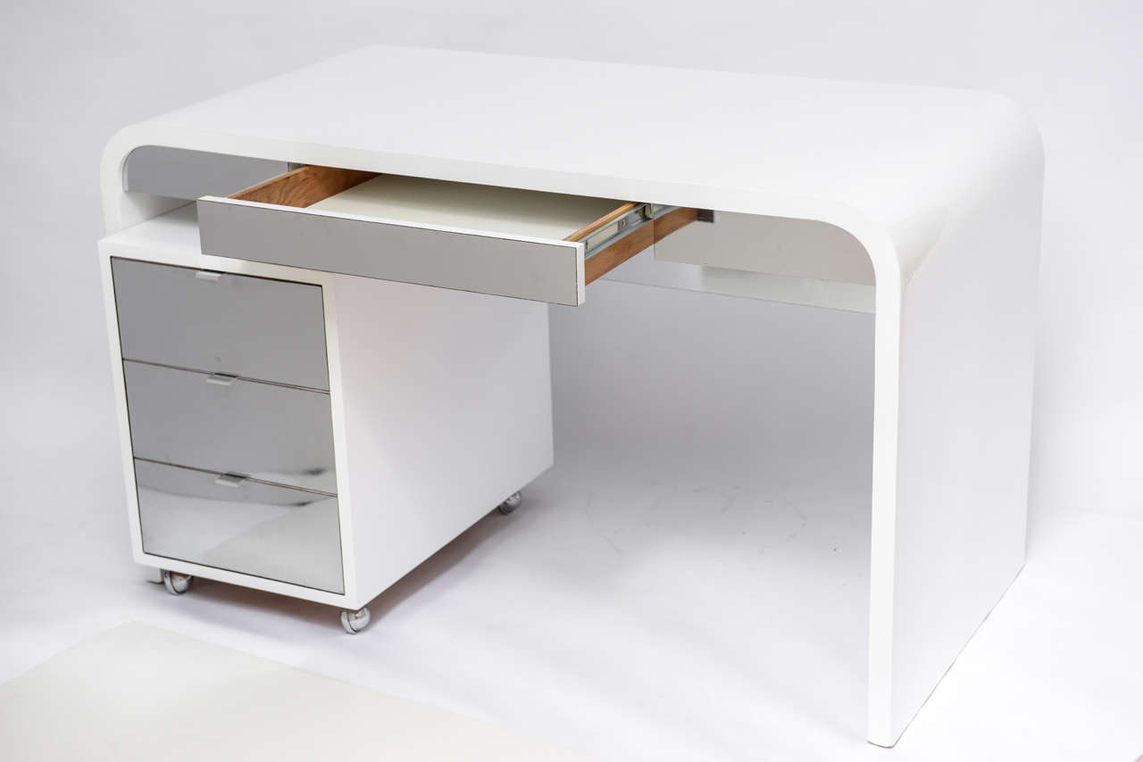 1970's Waterfall Desk White Laquered and Chrome Laminate at 1stDibs