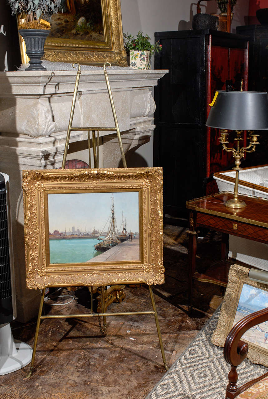 An oil on panel harbor scene framed with an ornate 5 1/2 in. gold leaf frame

Artist: L. Timmermans (1846-1910)
Timmermans was listed in E. Benezit and numerous museums throughout Europe. He is known for his harbor scenes and marine paintings.