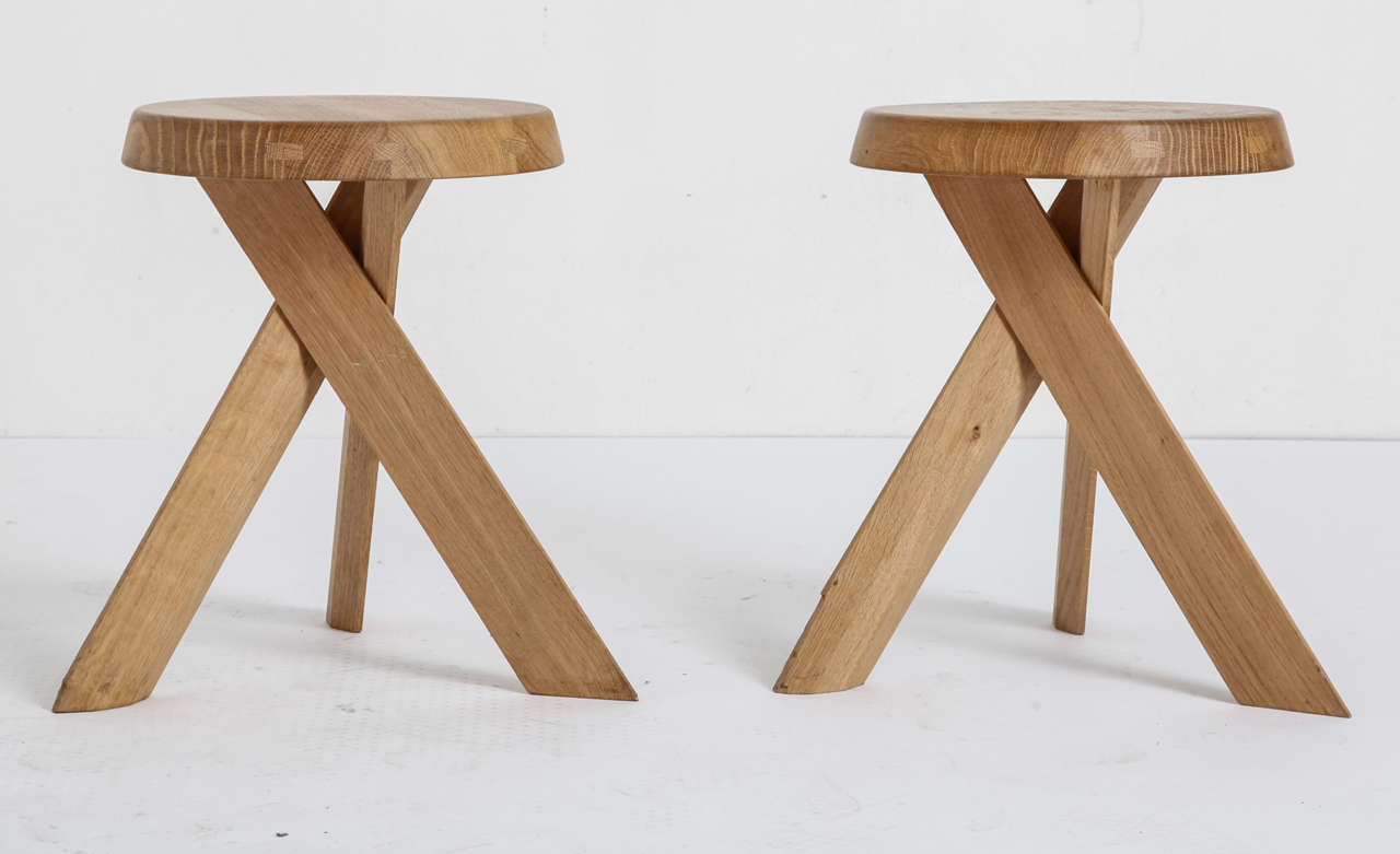 Pair of stools, oak 
Pierre Chapo, France 1960's