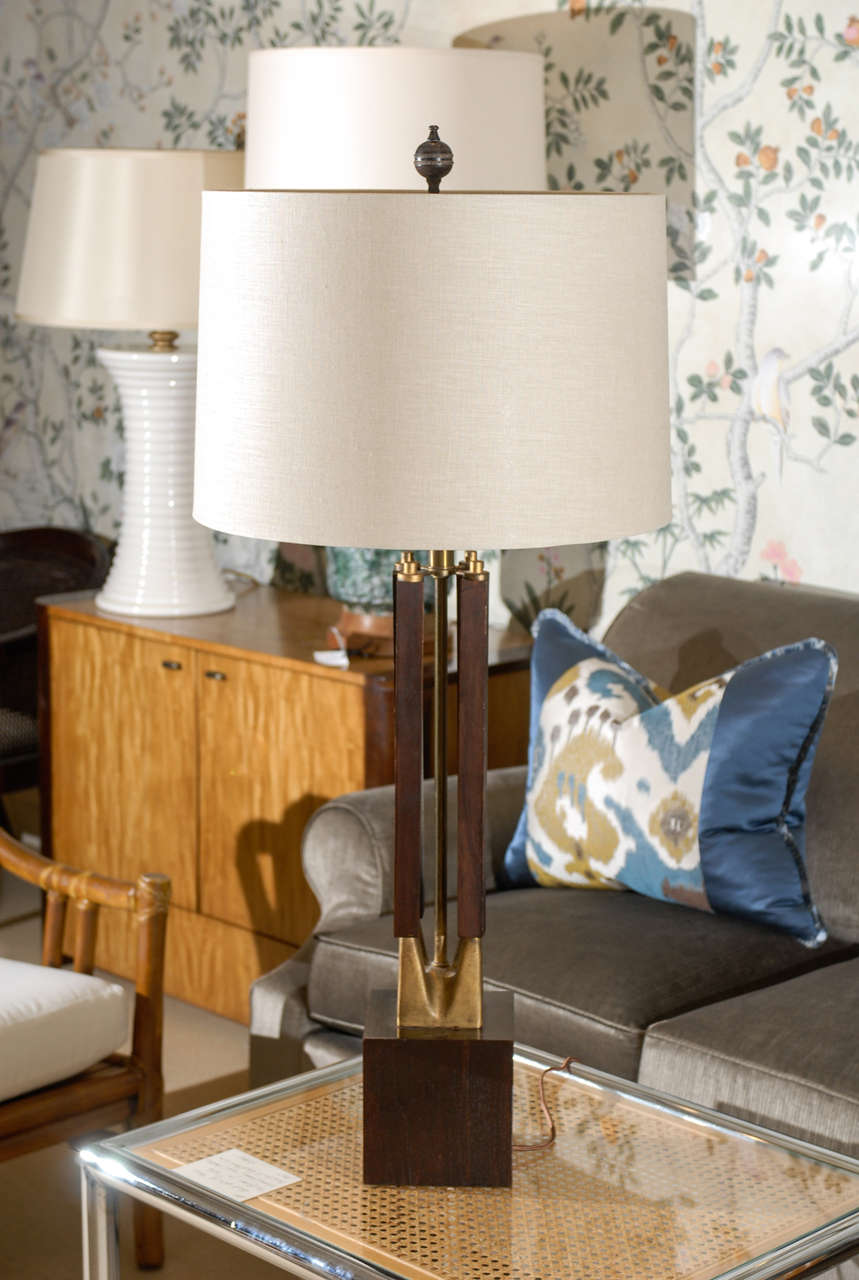 Architectural Pair of Restored Large-Scale Vintage Walnut and Brass Lamps