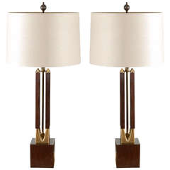 Architectural Pair of Restored Large-Scale Vintage Walnut and Brass Lamps