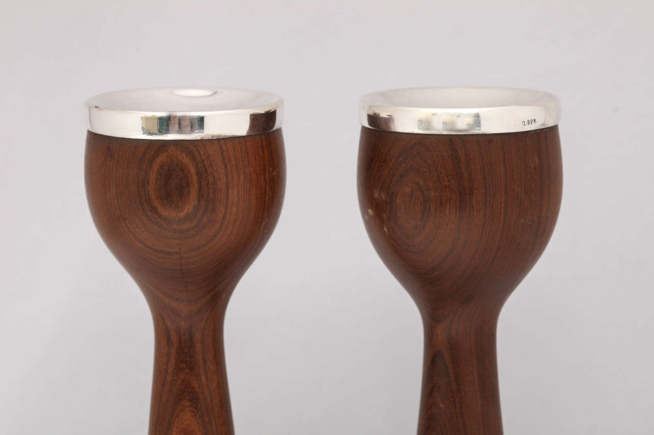 Mexican Mid-Century Modern Sterling Silver-Mounted Walnut Candlesticks