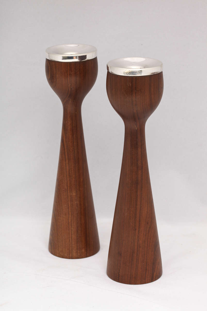 MidCentury Modern Sterling SilverMounted Walnut Candlesticks at 1stDibs