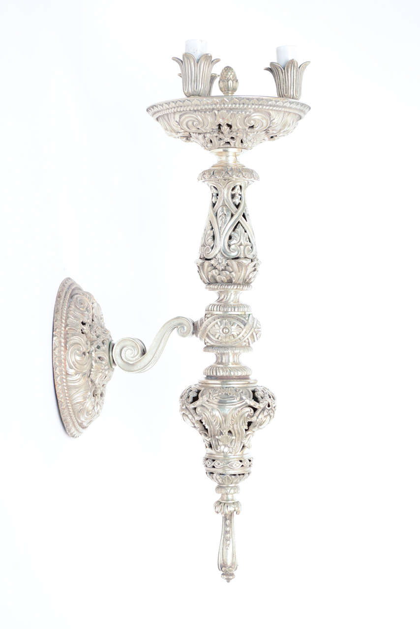 Set of Four Renaissance Style Silvered Bronze Torch Sconces by E.F. Caldwell For Sale 2