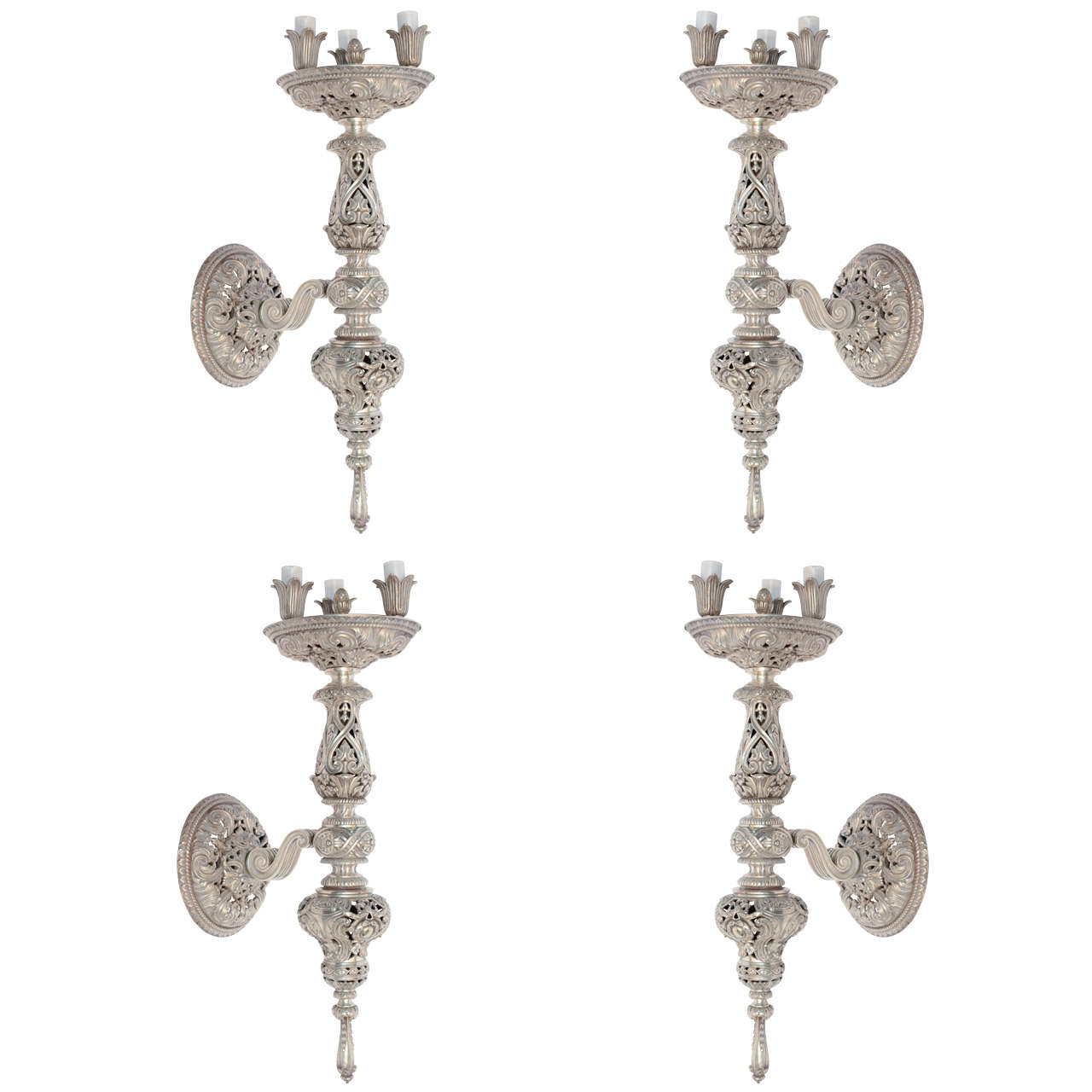 Set of Four Renaissance Style Silvered Bronze Torch Sconces by E.F. Caldwell For Sale