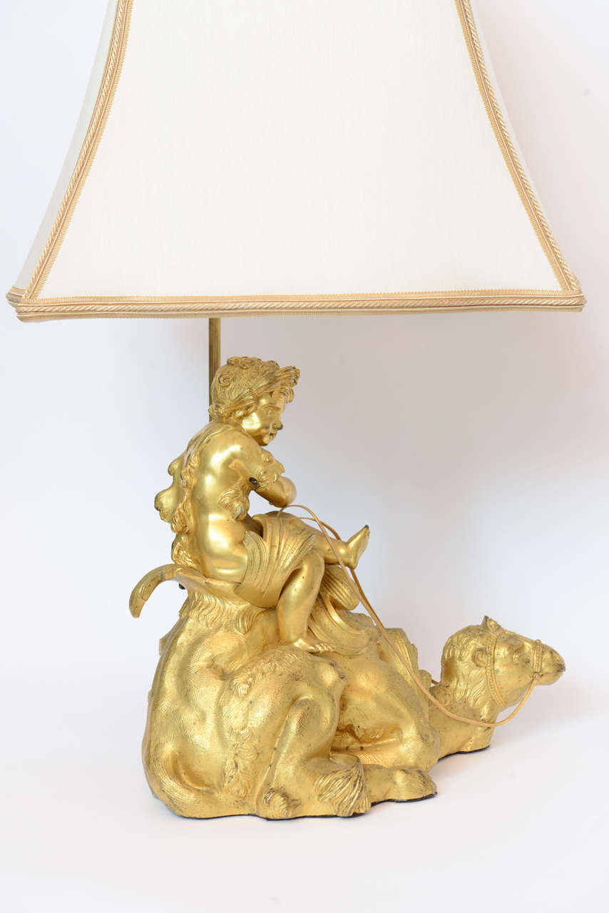 19th Century French Orientalist Gilt Bronze Lamps with Cupids Riding Camels For Sale