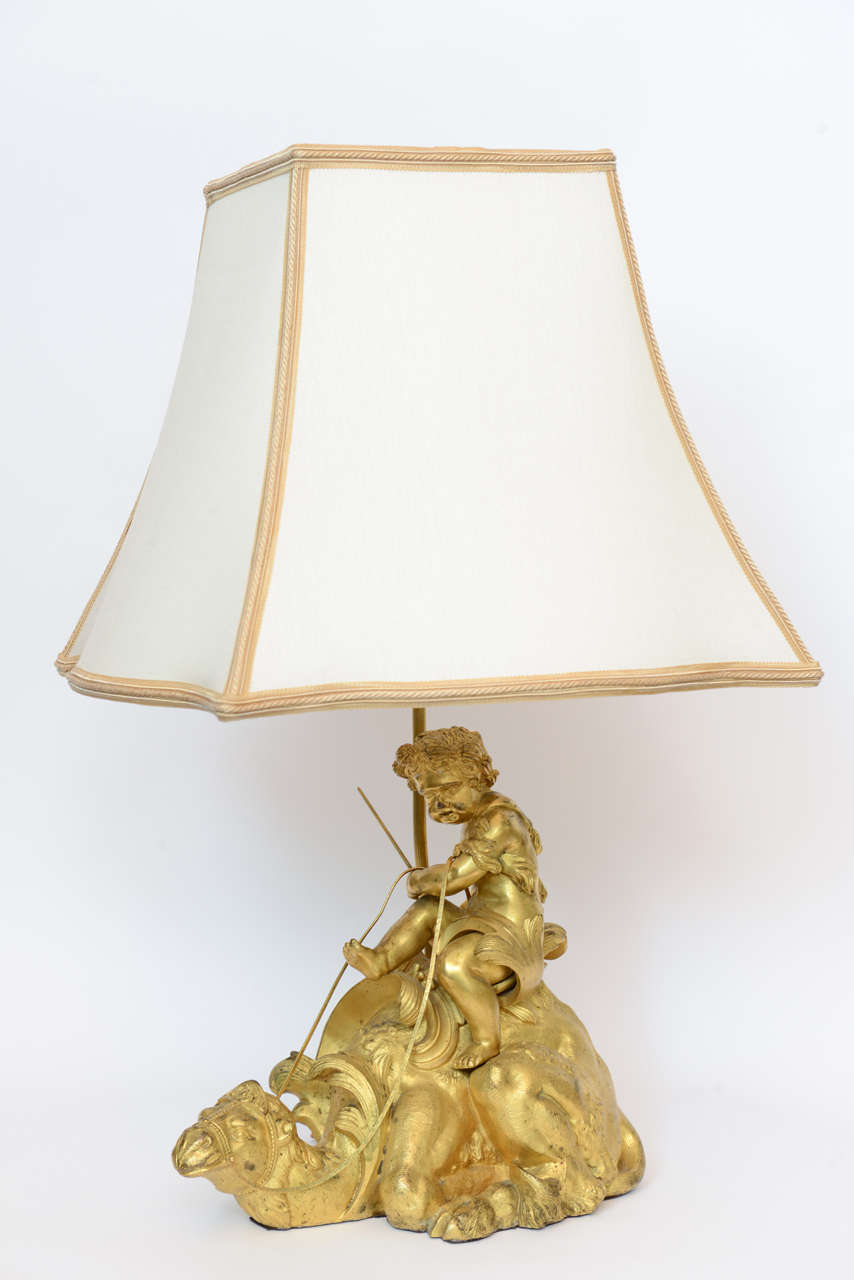 French Orientalist Gilt Bronze Lamps with Cupids Riding Camels For Sale 3
