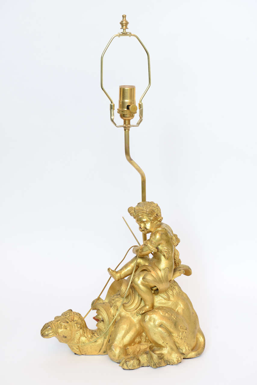 French Orientalist Gilt Bronze Lamps with Cupids Riding Camels For Sale 5