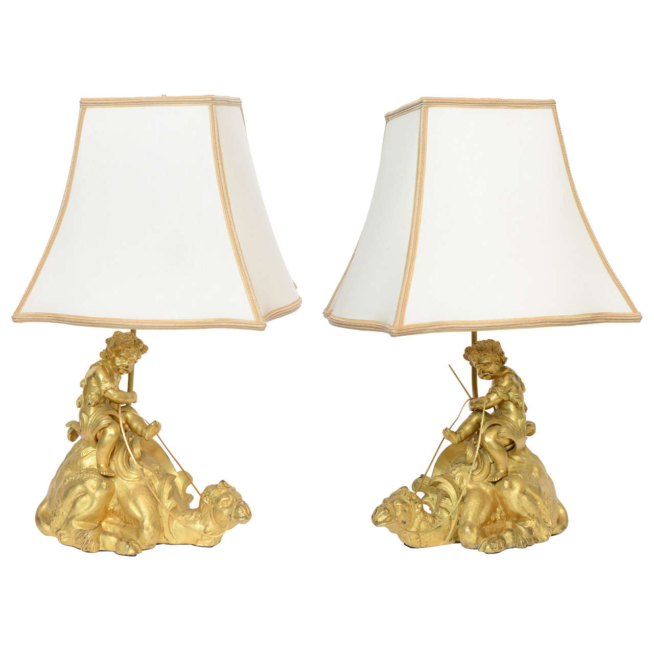French Orientalist Gilt Bronze Lamps with Cupids Riding Camels For Sale