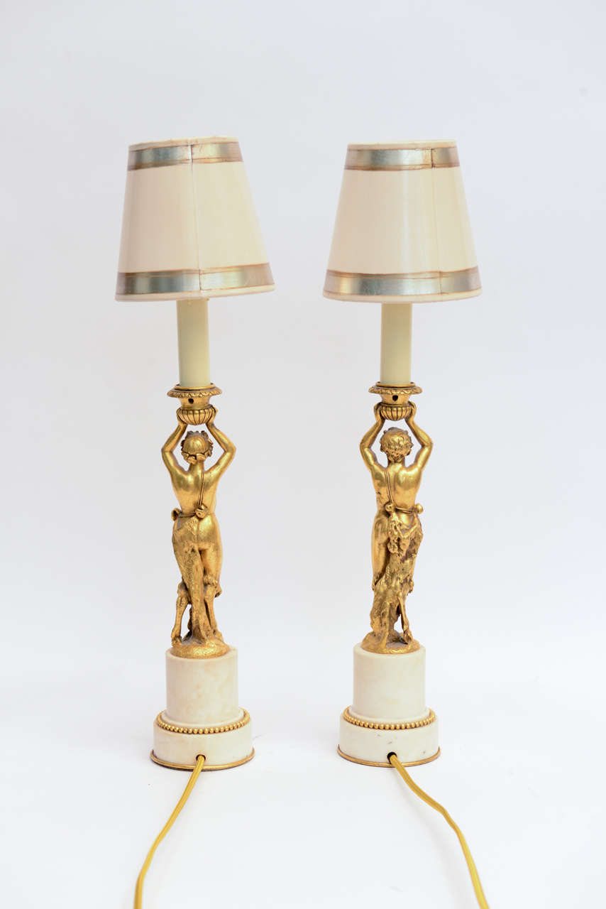 Marble Pair of Gilt Bronze Lamps by E.F. Caldwell For Sale