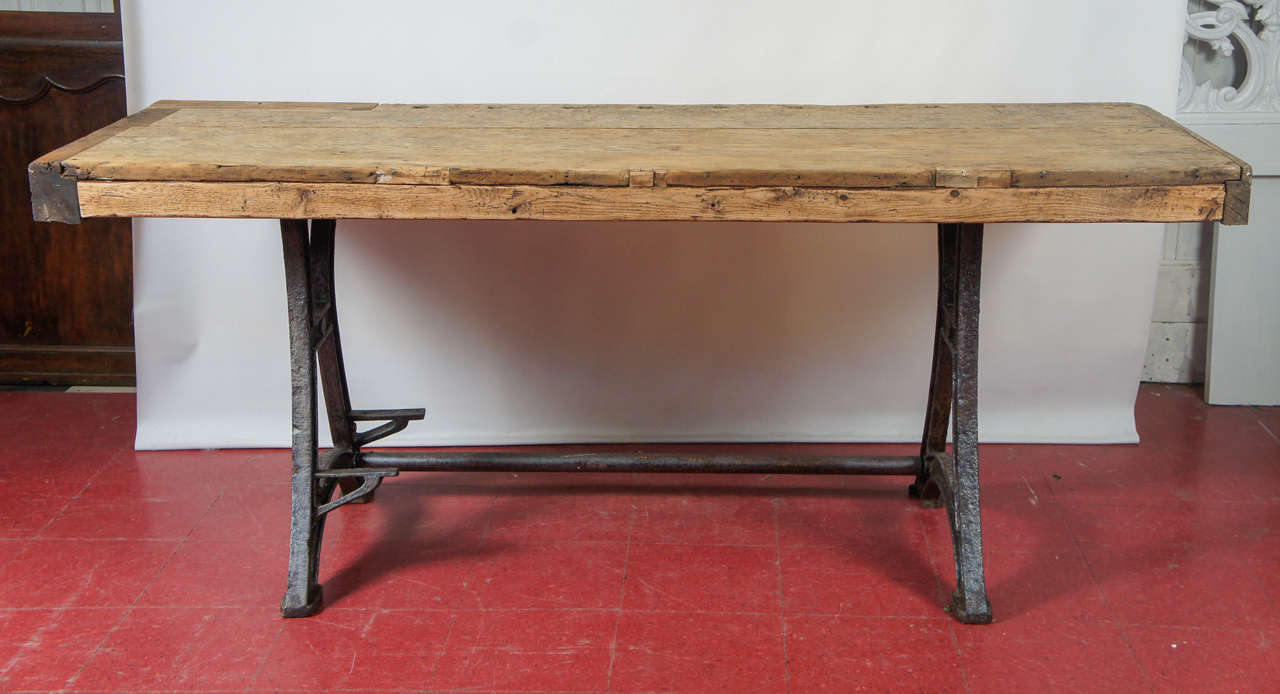 Rustic country workbench top with French Industrial base. Can be used as work table, kitchen center island or desk. 4" top has been modified to suit today's use but retaining original character and patina. Top and base can be sold separately.