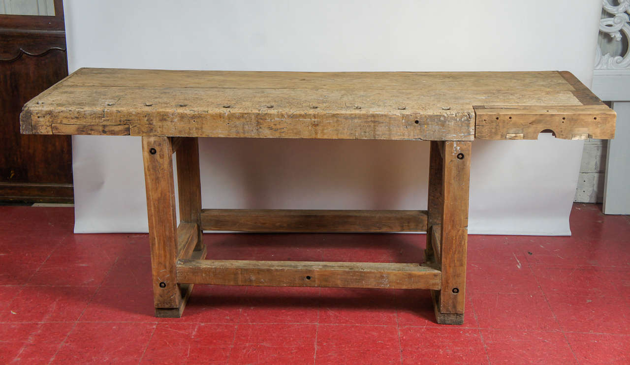 Rustic country workbench or kitchen island  table top with wonderful patina modified to be used as a work table, console table, desk, server, buffet or dining table. Top is detachable from the base. Ask us about adjusting the height of the table for