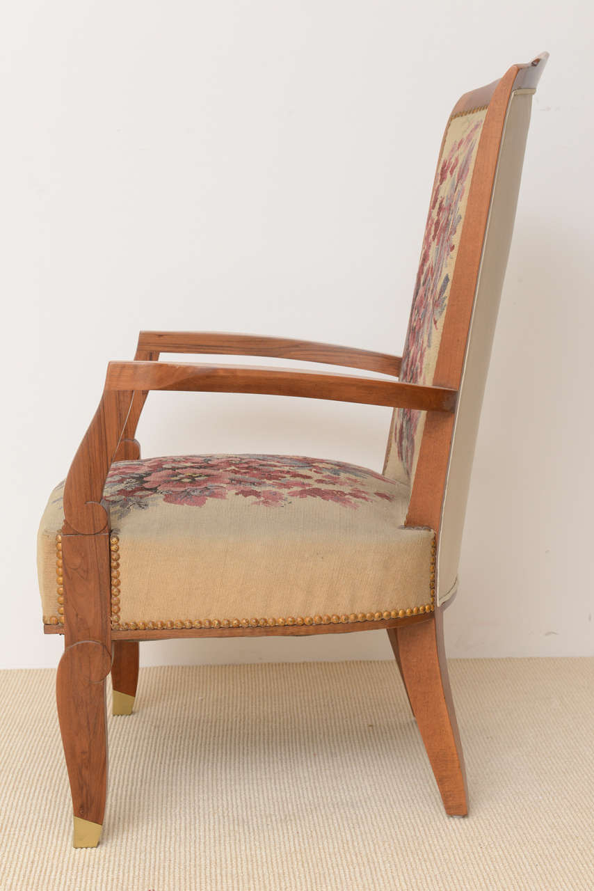 Fine Late Art Deco Mahogany Open Armchair in Original Tapestry, Jules Leleu For Sale 2