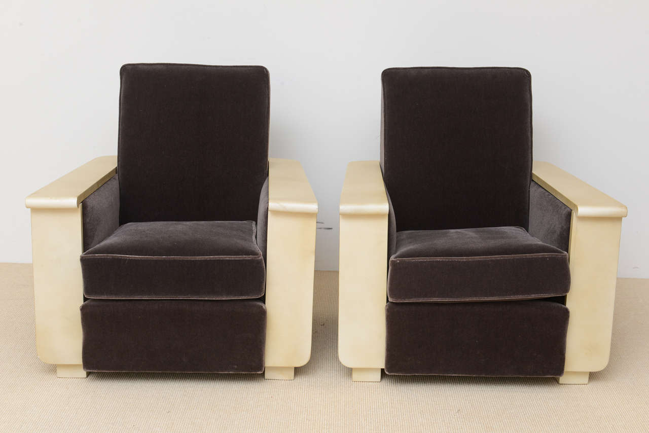 Pair of art deco parchment covered club chairs, travais francais ... Chippendale piemontese