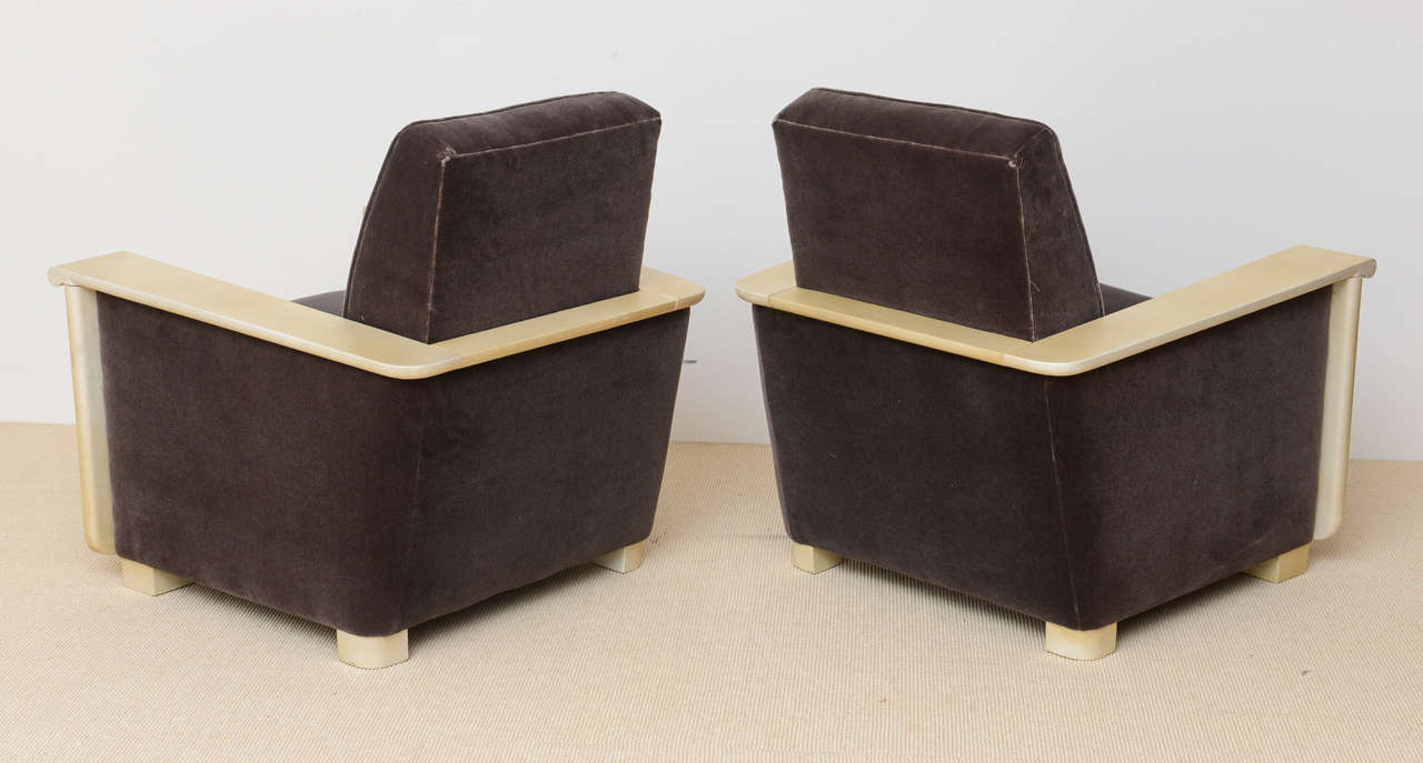 Mohair Pair of Art Deco Parchment Covered Club Chairs, Travais Francais
