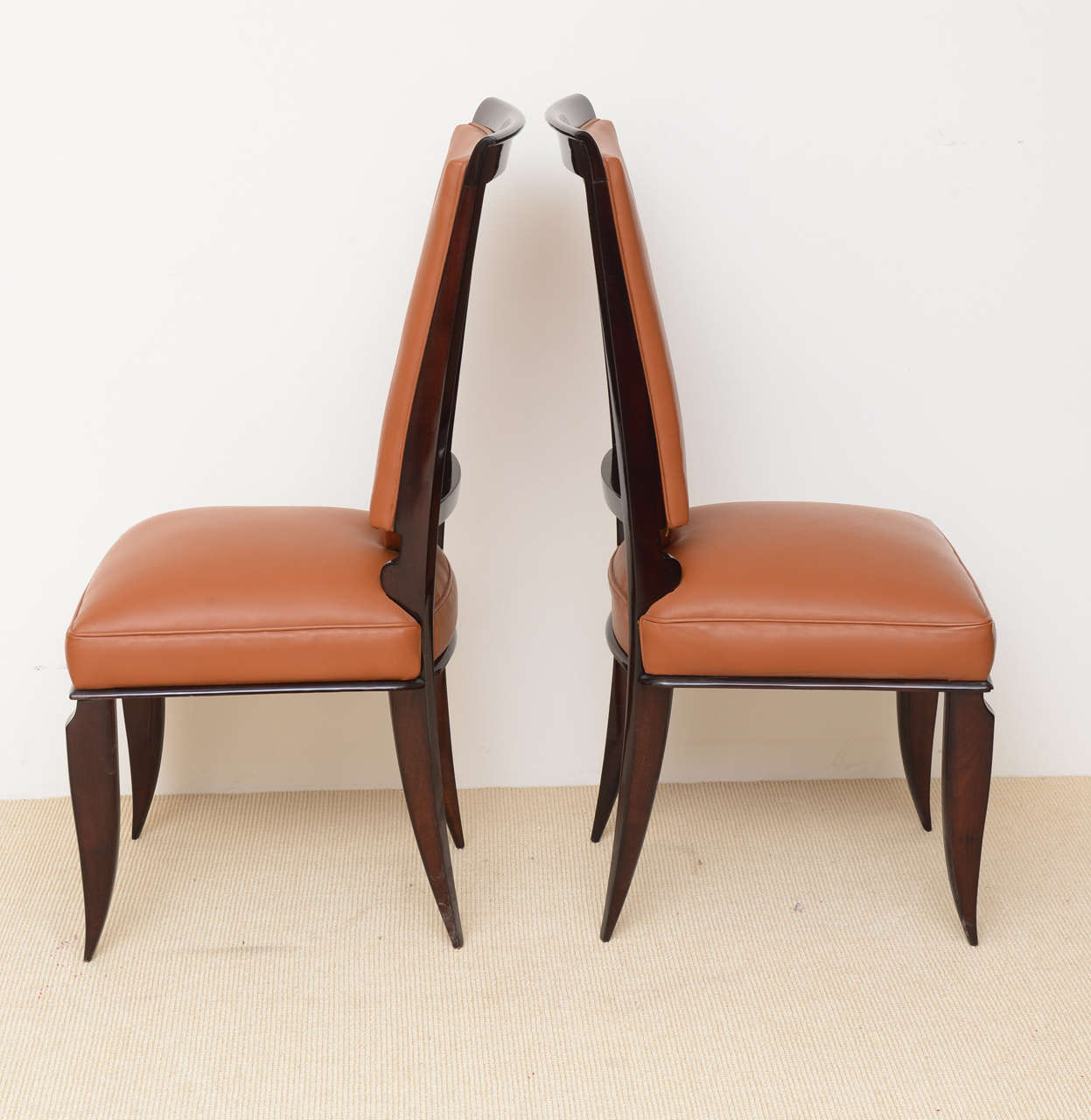 Mid-20th Century Fine Set of Eight Late Art Deco Ebony De Macassar Dining Chairs, Jules Leleu For Sale