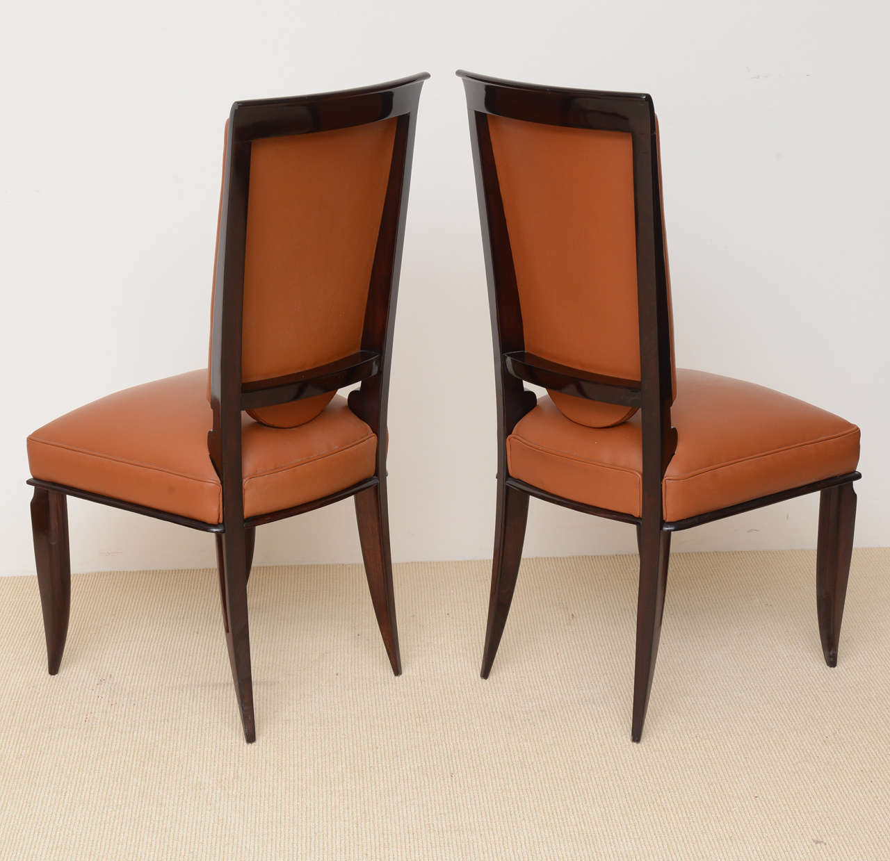 Upholstery Fine Set of Eight Late Art Deco Ebony De Macassar Dining Chairs, Jules Leleu For Sale