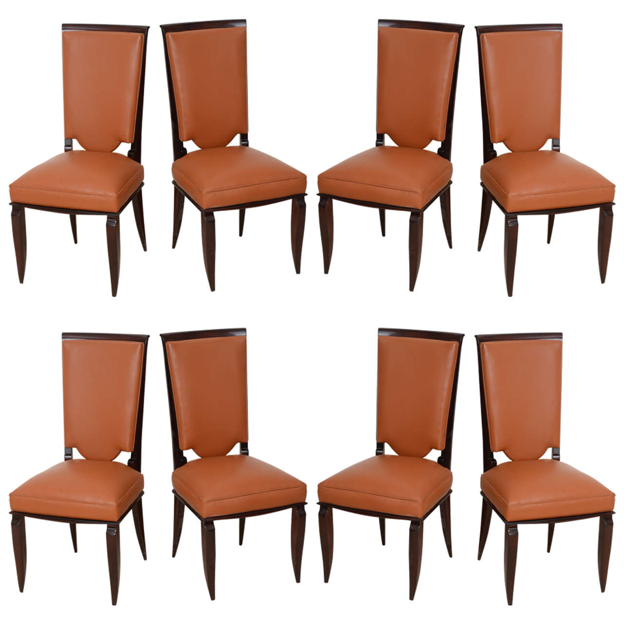 Fine Set of Eight Late Art Deco Ebony De Macassar Dining Chairs, Jules Leleu