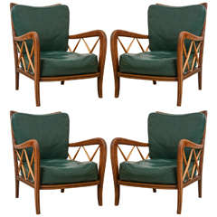 Set of Four Italian Walnut and Leather Club Chairs Attributed to Paolo Buffa