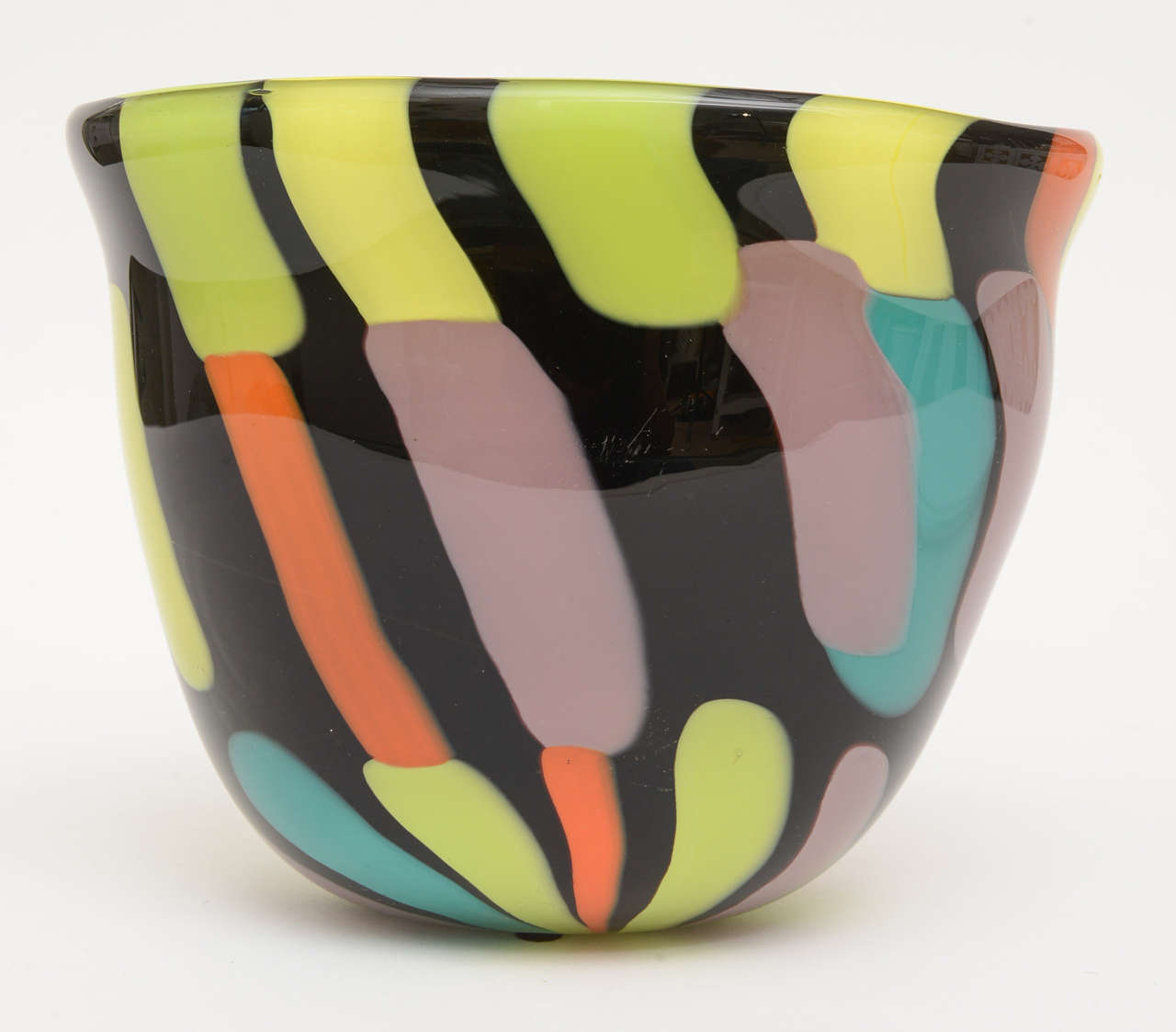 Blown Glass Fratelli Pagnin Signed Murano Orange, Black, Chartreuse Glass Vase Italian 80's For Sale