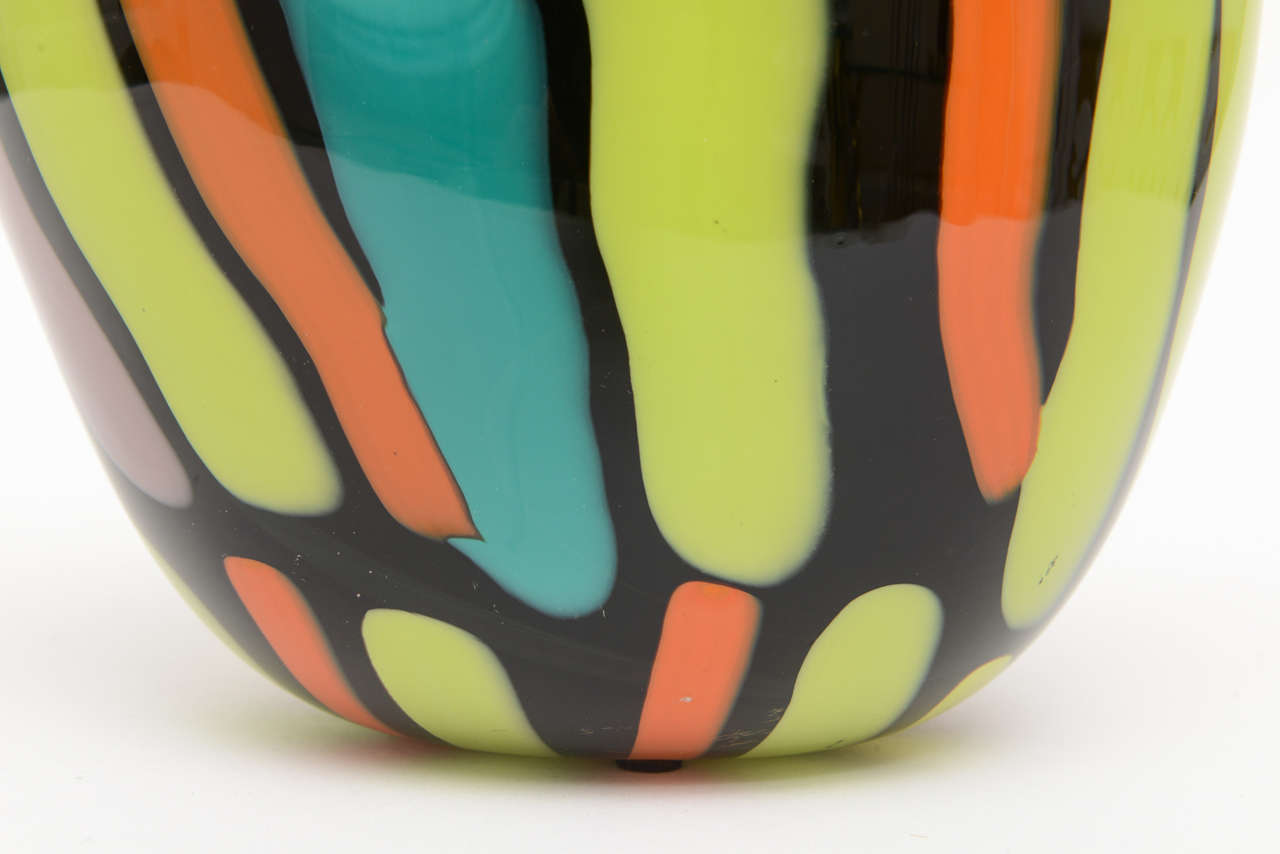 Vaso in vetro di Murano firmato Fratelli Pagnin, arancione, nero e chartreuse, italiano anni '80 in vendita 1
