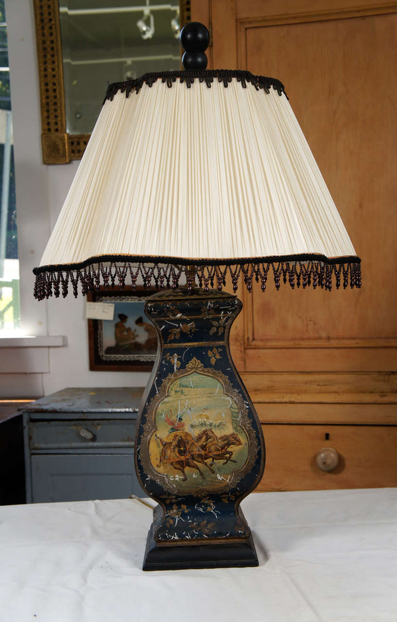 Art Nouveau Continental Painted Tole Lamp with Dark Blue Ground For Sale