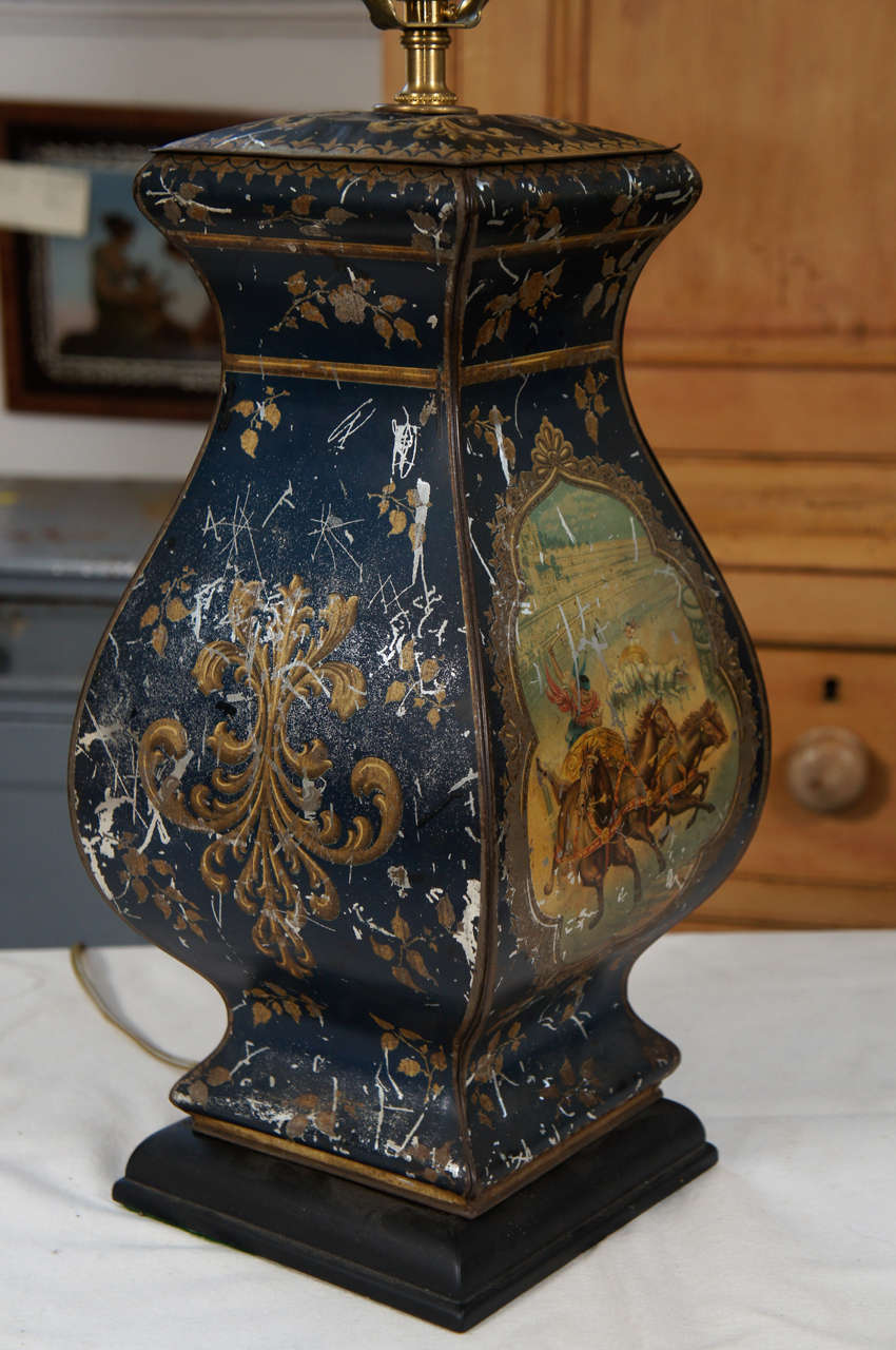 Continental Painted Tole Lamp with Dark Blue Ground For Sale 1